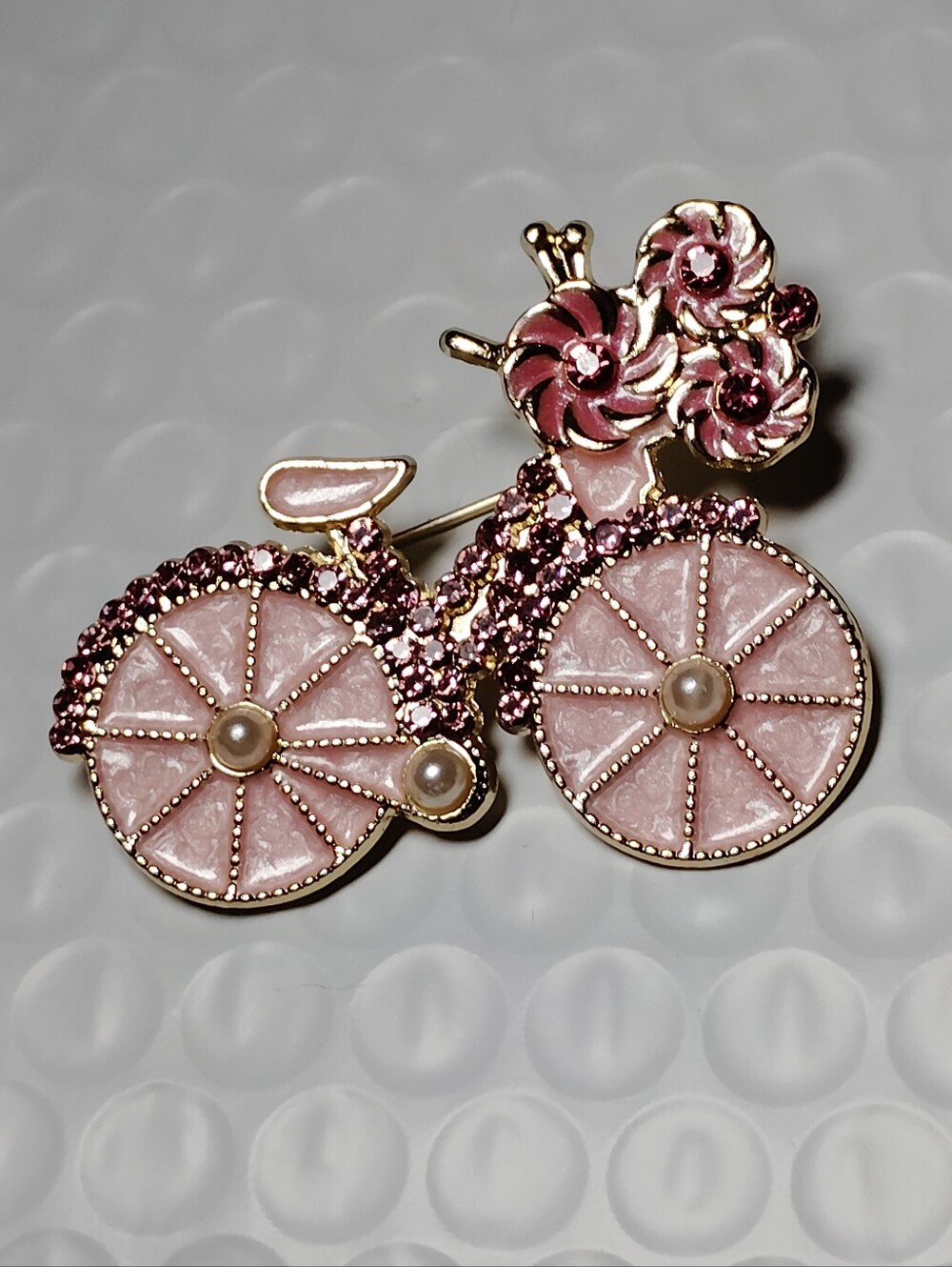Pink Crystal Bicycle Brooch with Pearl Accents - Women's Jewelry